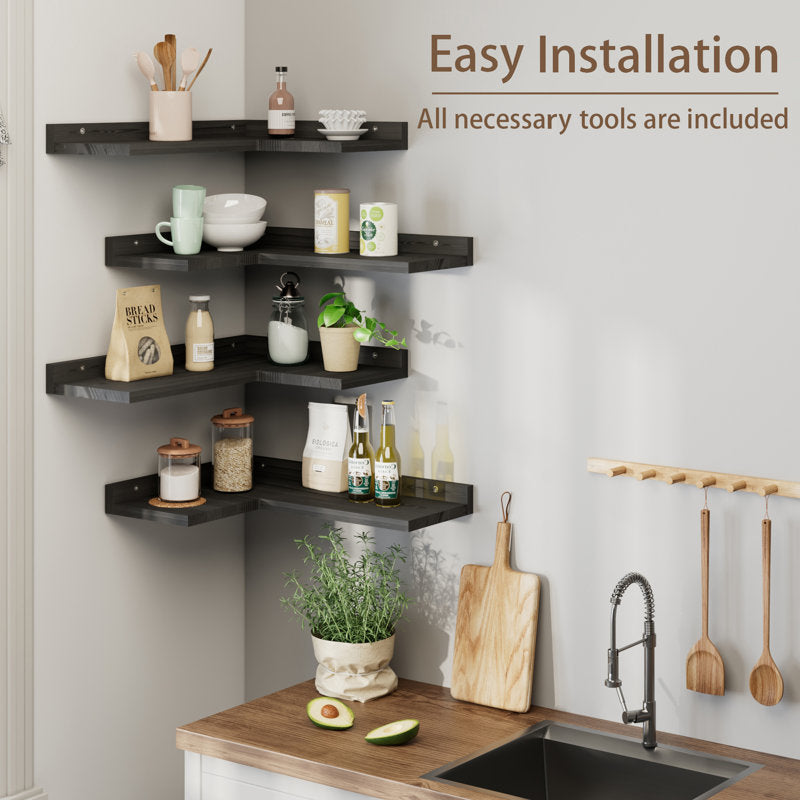 4-tier L-shaped Pine Wood Wall Shelf