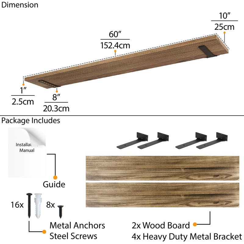 60 Inch Long Floating Bookshelf For Living Room, Hanging Shelves For Wall, Rustic & Boho