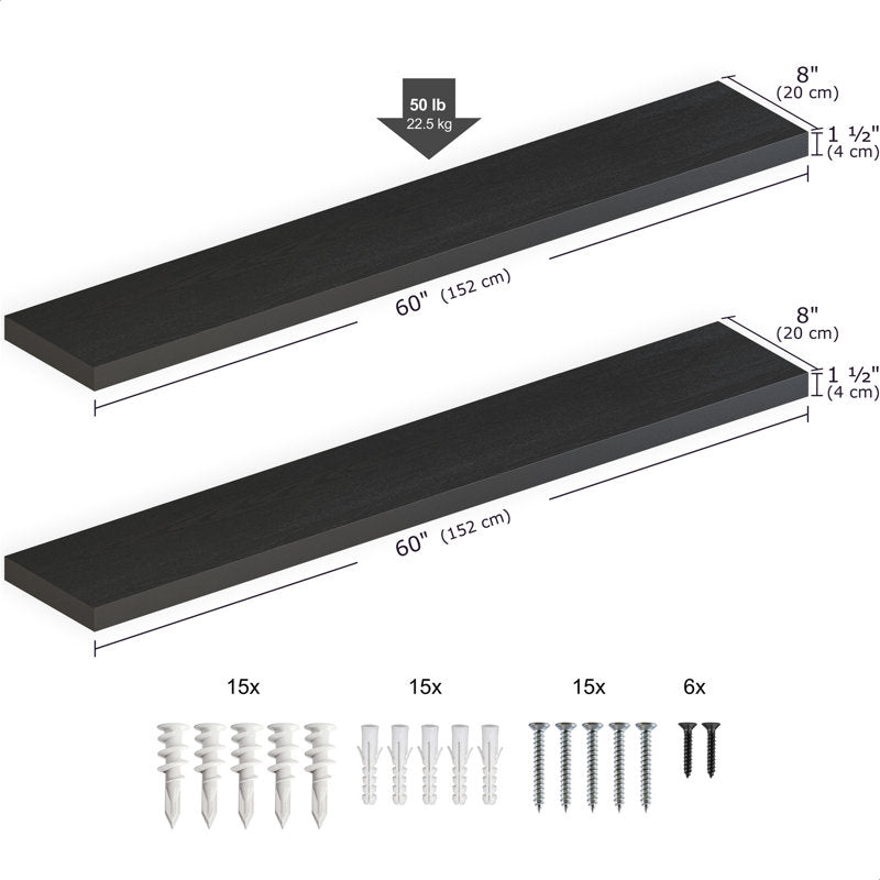 Miami 60" Floating Shelves, Long Wall Mounted Wood Shelves, 8" Depth