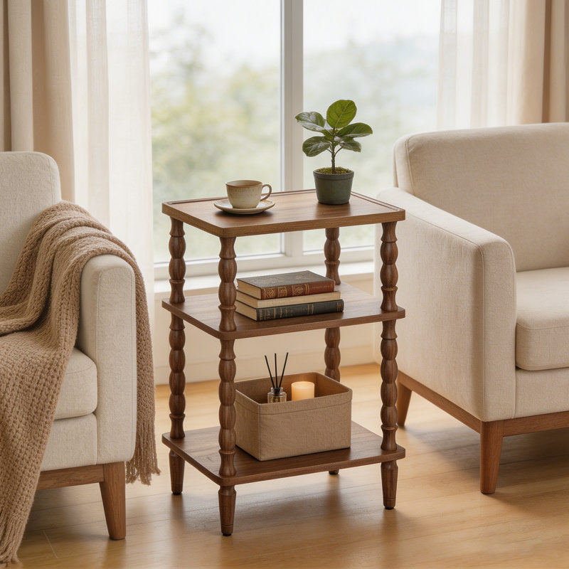 3-Tier Small End Table with Solid Wood Legs