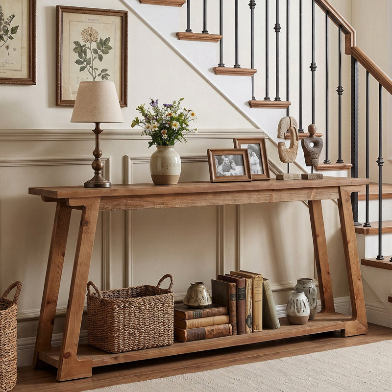 63-Inch Long Solid Wood Console Table, 2-Tier Narrow Sofa Table For Living Room, Entryway