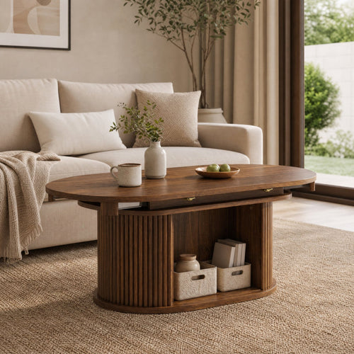45" Fluted Oval Extendable Coffee Table with Hidden Storage