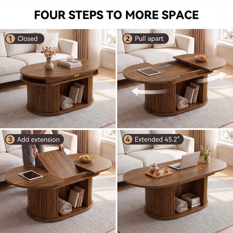 45" Fluted Oval Extendable Coffee Table with Hidden Storage