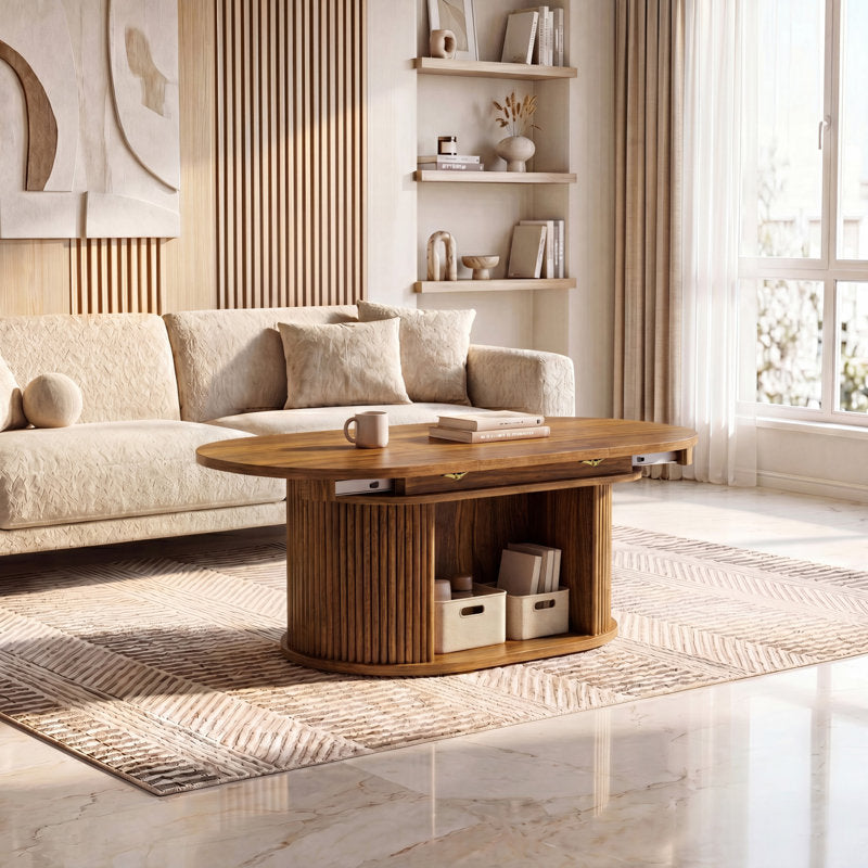 45" Fluted Oval Extendable Coffee Table with Hidden Storage