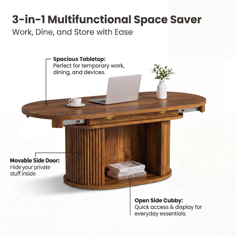 45" Fluted Oval Extendable Coffee Table with Hidden Storage