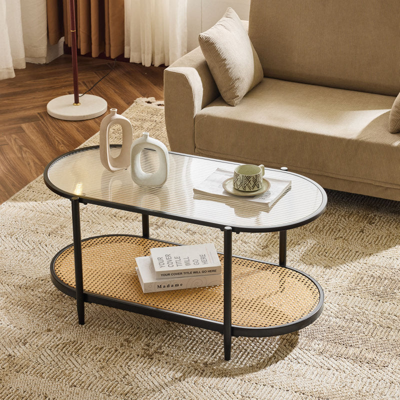 Akinola Glass Top Coffee Table with Rattan Shelf