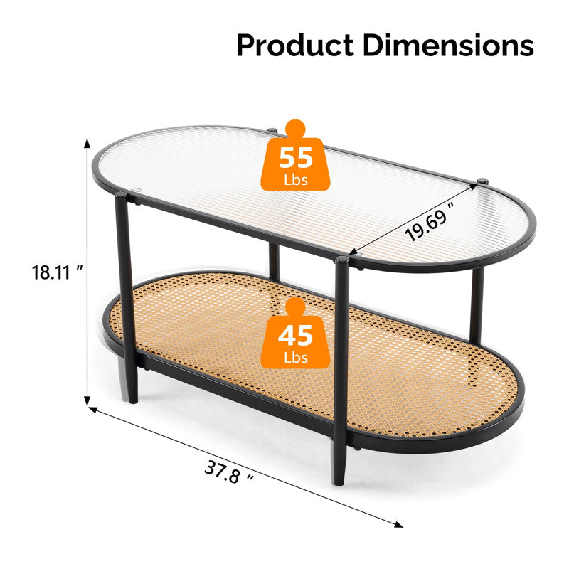 Akinola Glass Top Coffee Table with Rattan Shelf