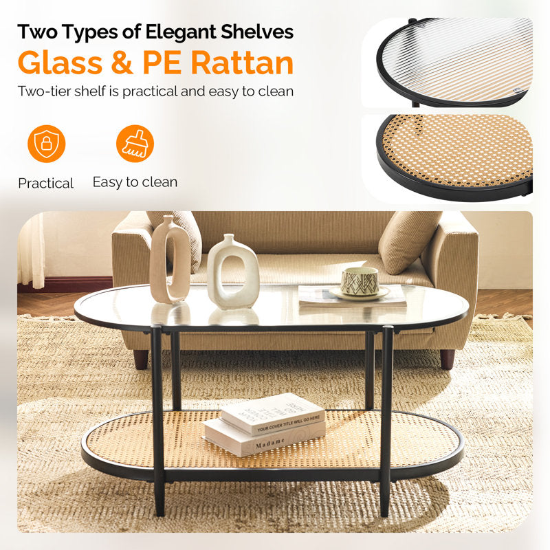 Akinola Glass Top Coffee Table with Rattan Shelf