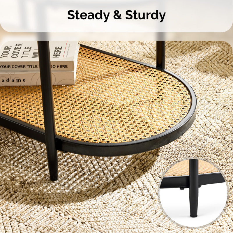 Akinola Glass Top Coffee Table with Rattan Shelf