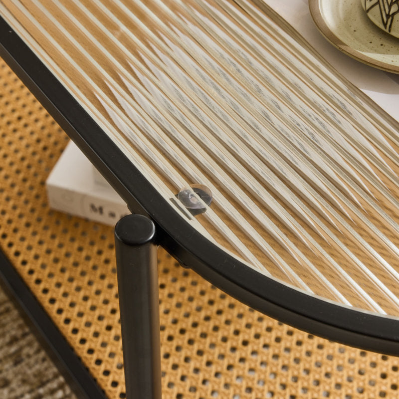 Akinola Glass Top Coffee Table with Rattan Shelf