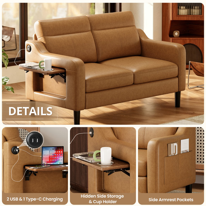 Lambertville Modern Loveseat with Side Table & Charging Station