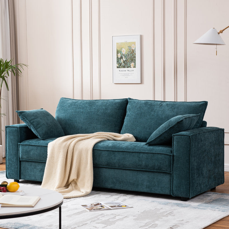 91.73'' Upholstered Square Arm Sofa, Light Blue Chenille