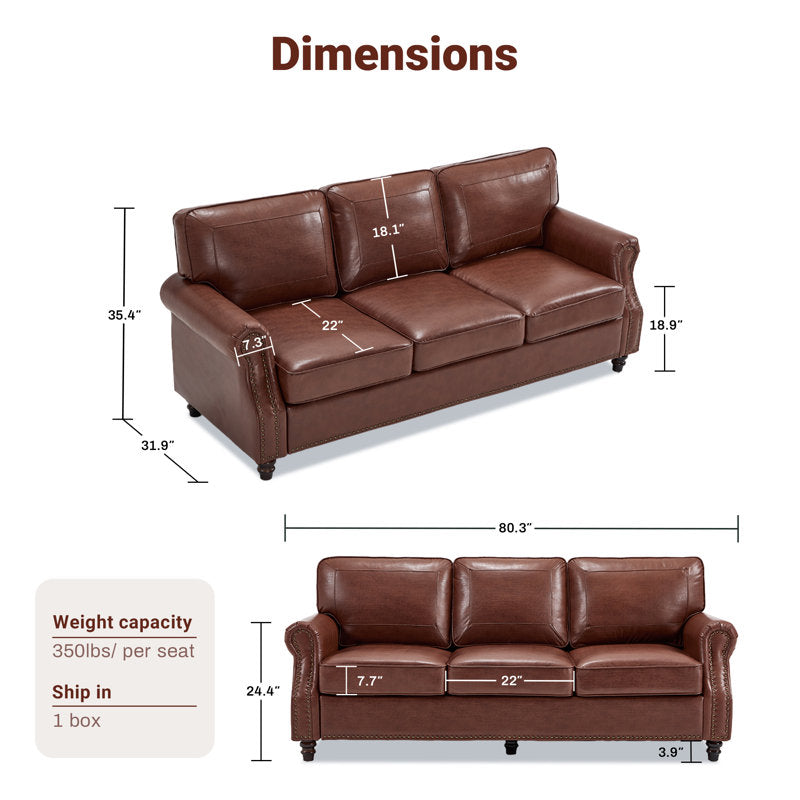 Vintage Nailhead Trim 3-Seater Sofa with Rolled Arms & Wood Legs