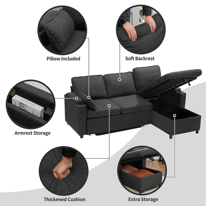 Vesna L-shape 81" Wide Space-Saving Sleeper Sofa Upholstered Pull-out Sofa Bed