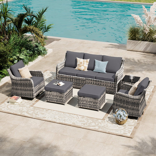 Patio Furniture Set With Swivel Rocking Chairs, 6 Pieces Patio Conversation Set, Outdoor Wicker Sofa Couch With Waterproof Cushions For Lawn Backyard Porch (Grey)