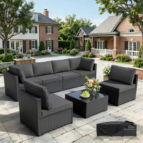 Patio Furniture Set - With Premium Cover, All-Weather, Water-Resistant - 7 Piece Patio Wicker Rattan Sectional Sofa, Modular Outdoor Conversation Set for Backyard, Garden, Poolside, Balcony