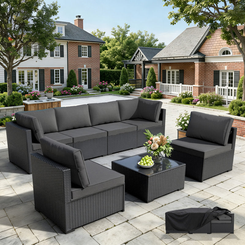 Patio Furniture Set - With Premium Cover, All-Weather, Water-Resistant - 7 Piece Patio Wicker Rattan Sectional Sofa, Modular Outdoor Conversation Set for Backyard, Garden, Poolside, Balcony