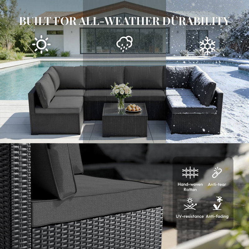 Patio Furniture Set - With Premium Cover, All-Weather, Water-Resistant - 7 Piece Patio Wicker Rattan Sectional Sofa, Modular Outdoor Conversation Set for Backyard, Garden, Poolside, Balcony