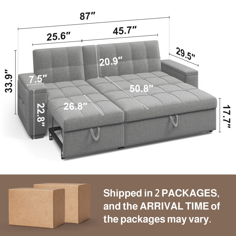 Upholstered Sleeper Sofa with Pull-Out Bed & Chaise Lounge - Wide Storage Arms & Side Pockets for Living Room, Bedroom, or Home Office