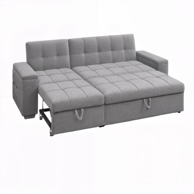 Upholstered Sleeper Sofa with Pull-Out Bed & Chaise Lounge - Wide Storage Arms & Side Pockets for Living Room, Bedroom, or Home Office