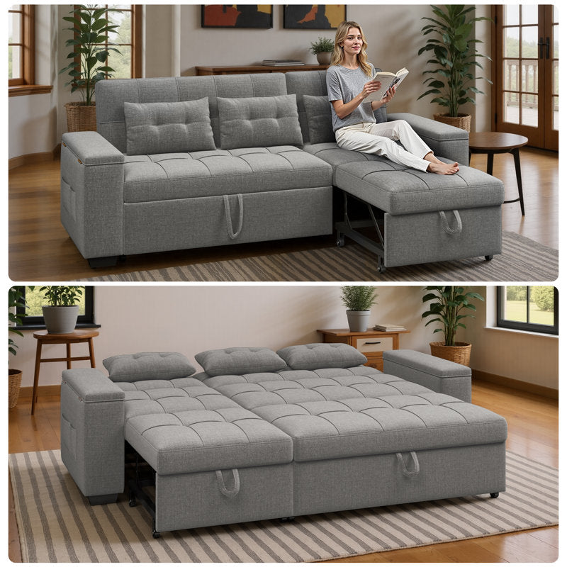 Upholstered Sleeper Sofa with Pull-Out Bed & Chaise Lounge - Wide Storage Arms & Side Pockets for Living Room, Bedroom, or Home Office
