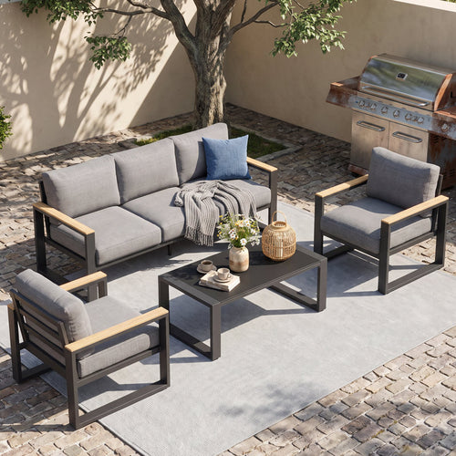 All Aluminum Patio Furniture Sets with Oversized Seating, Outdoor Furniture Set for All Weather, Outdoor Conversation Sets with Wood Armrest for Skin-friendly Touch