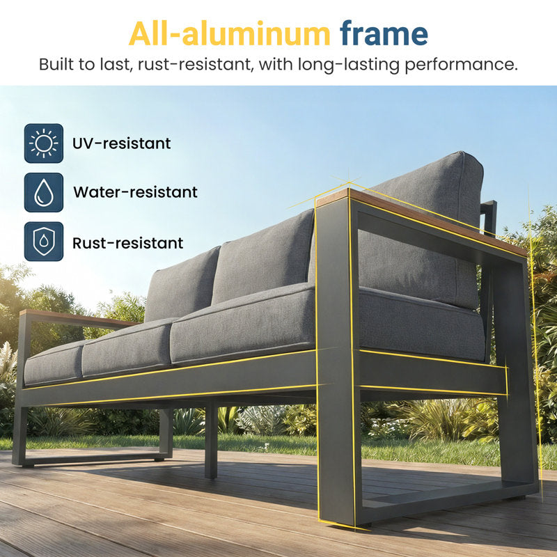 All Aluminum Patio Furniture Sets with Oversized Seating, Outdoor Furniture Set for All Weather, Outdoor Conversation Sets with Wood Armrest for Skin-friendly Touch