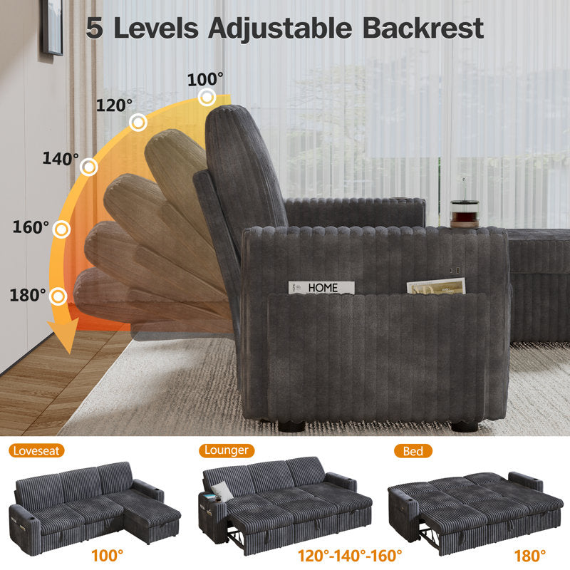 101” L Shaped Couch Sleeper Sofa Bed,Sectional Sofa With Cup Holders,Reversible Storage Chaise And Usb Ports, Tool Free Assembly