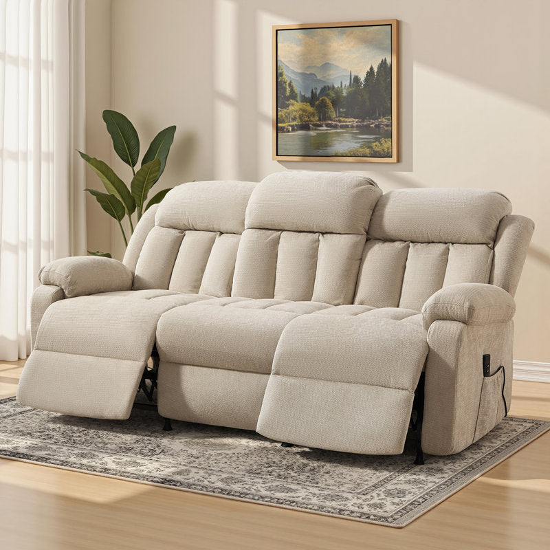 3-Seat Power Reclining Sofa With Remote Control, Oversized Reclining Couch For Living Room, Beige Chenille