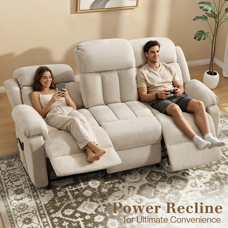3-Seat Power Reclining Sofa With Remote Control, Oversized Reclining Couch For Living Room, Beige Chenille