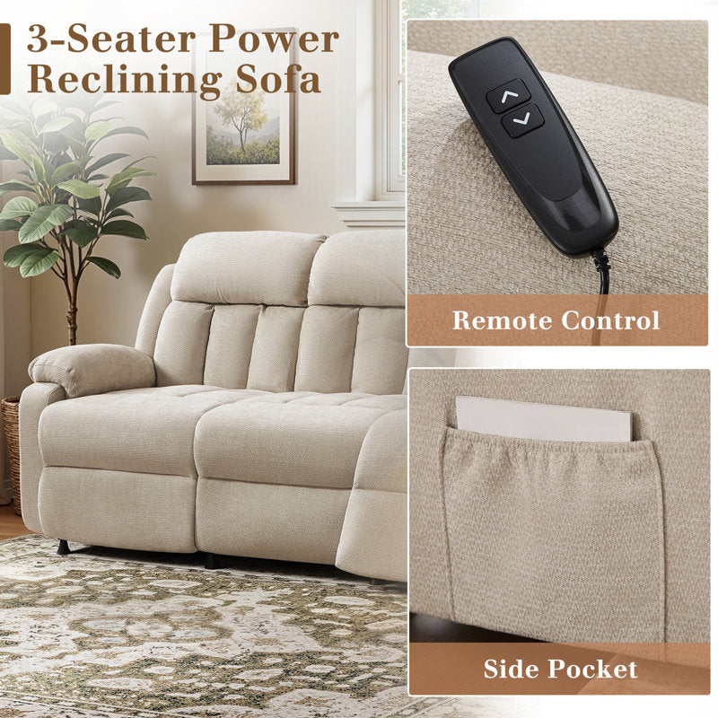 3-Seat Power Reclining Sofa With Remote Control, Oversized Reclining Couch For Living Room, Beige Chenille