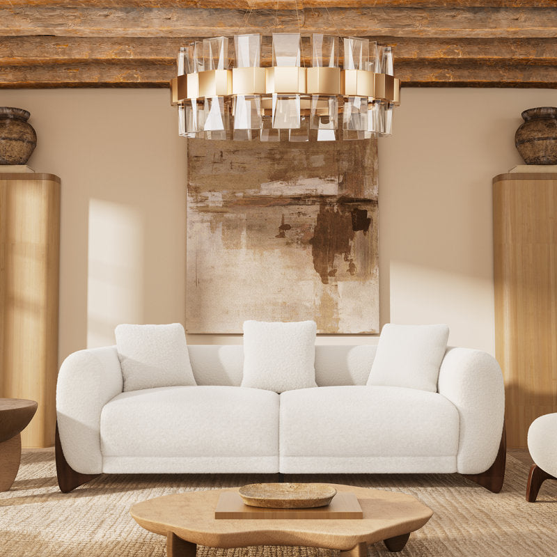93‘’ Mid-Century Curved Bouclé Sofa, Solid Wood Frame 3-Seater Cloud Shaped Upholstered Couch, Minimalist Crescent Arched Sofa for Living Room
