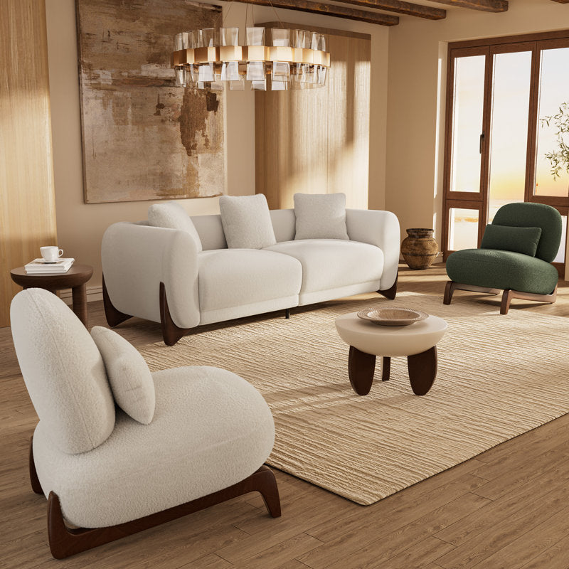 93‘’ Mid-Century Curved Bouclé Sofa, Solid Wood Frame 3-Seater Cloud Shaped Upholstered Couch, Minimalist Crescent Arched Sofa for Living Room
