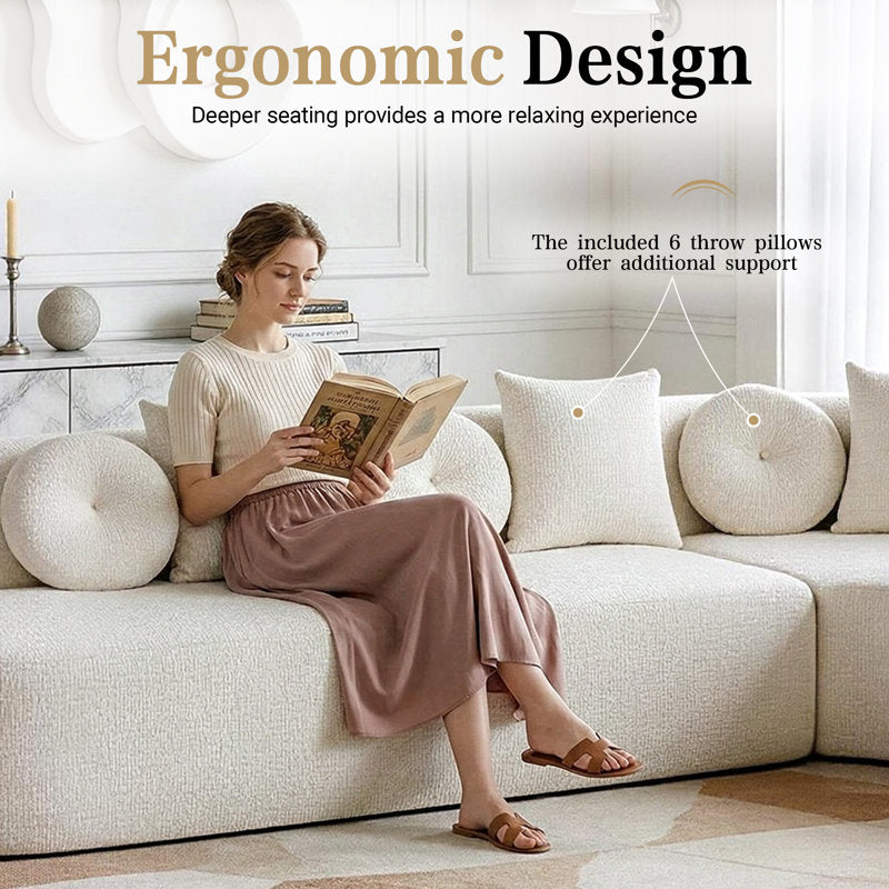 122" Modern Curved Sofa with Right Chaise, Oversized Boneless Sectional Couch with 6 Throw Pillows for Living Room