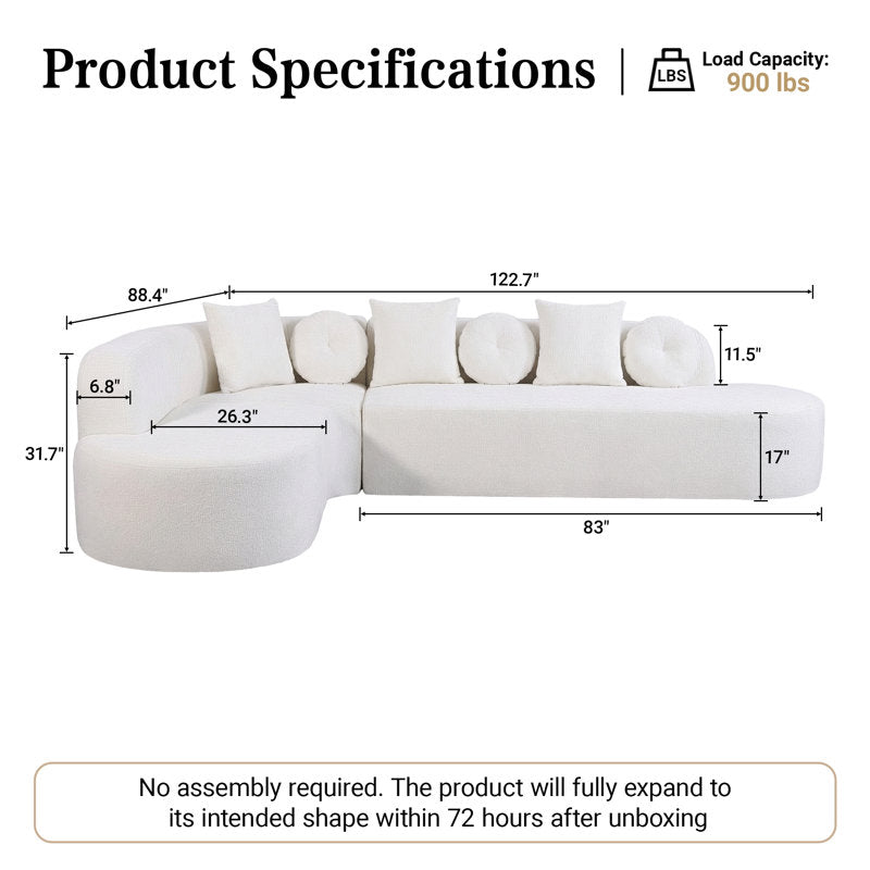 122" Modern Curved Sofa with Right Chaise, Oversized Boneless Sectional Couch with 6 Throw Pillows for Living Room