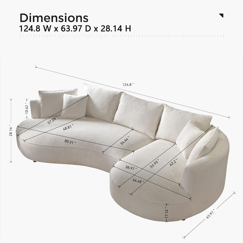 114" Curved Compressed Boucle Sectional Sofa, L-Shaped Cloud Couch with High Resilience Foam, No Assembly Required for Large Spaces