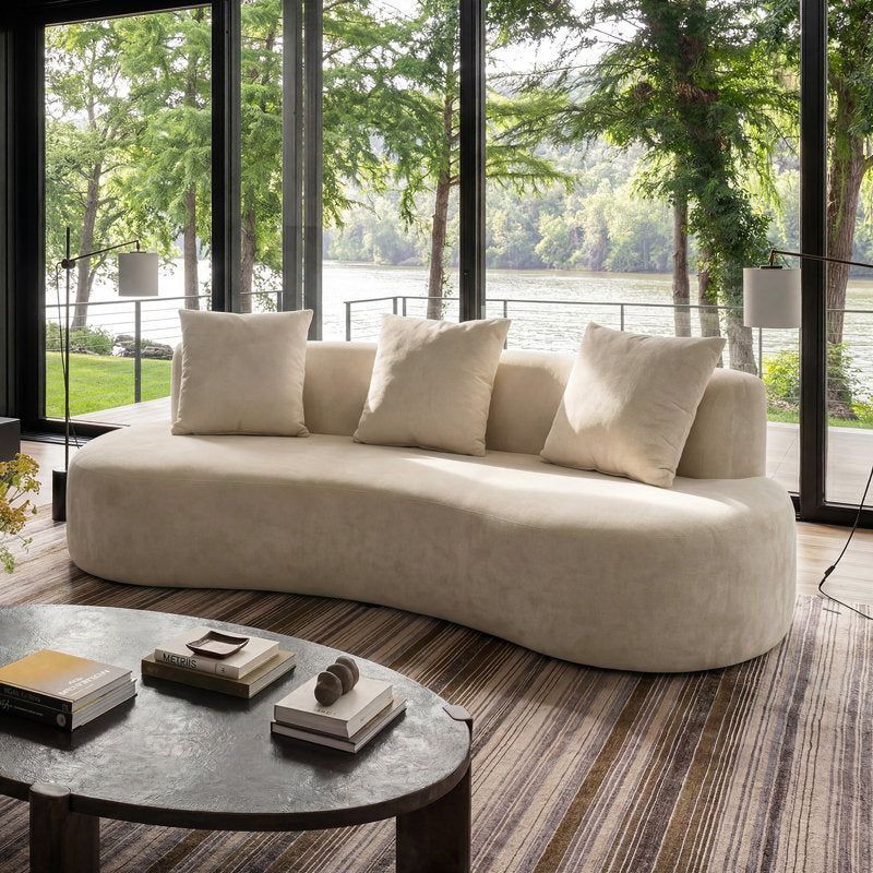 6.6'' W Curved Linen Sofa, Modern Upholstered Couch With 2 Accent Pillows