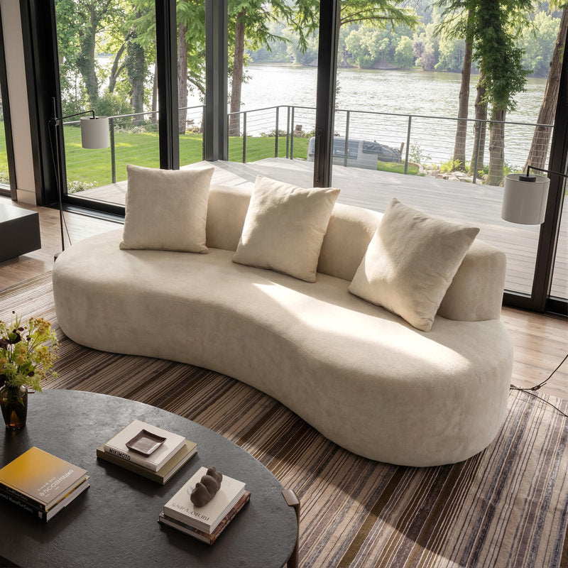 6.6'' W Curved Linen Sofa, Modern Upholstered Couch With 2 Accent Pillows