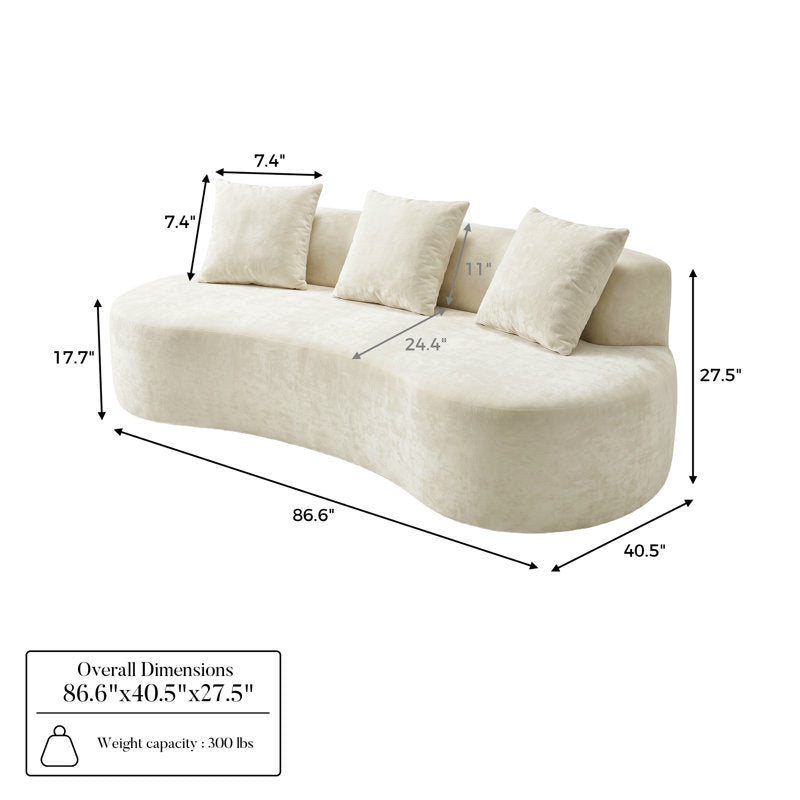 6.6'' W Curved Linen Sofa, Modern Upholstered Couch With 2 Accent Pillows