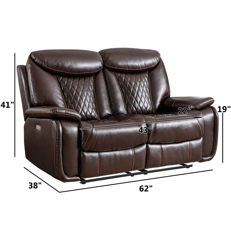 62.6'' Wide Diamond Stitching Breathable Leather Power Reclining Loveseat with USB