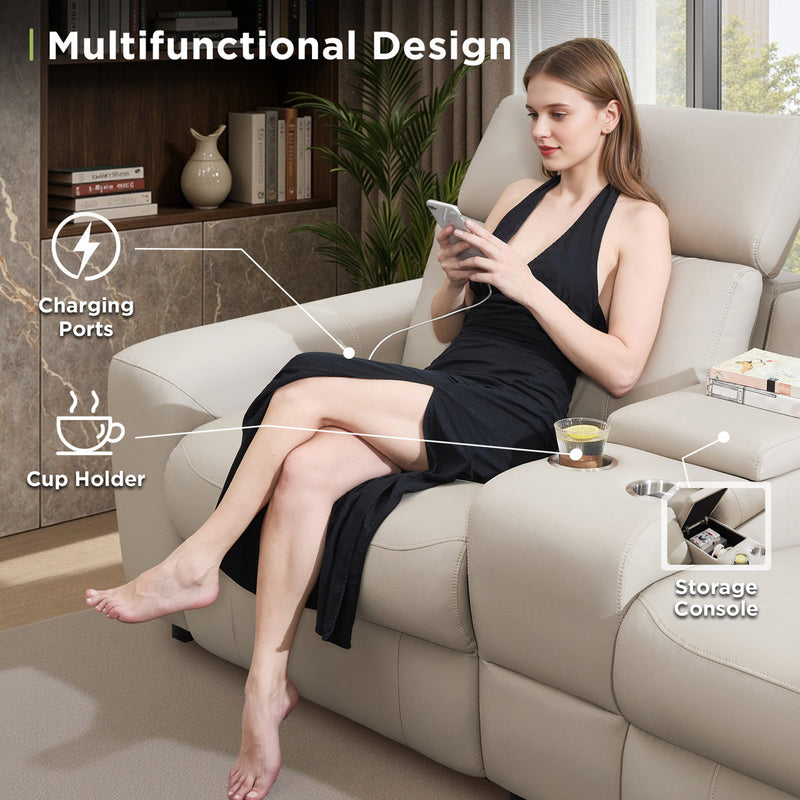 Oversized Power Reclining Leather Sectional Sofa With Console And Dual Recliners For Living Room Beige