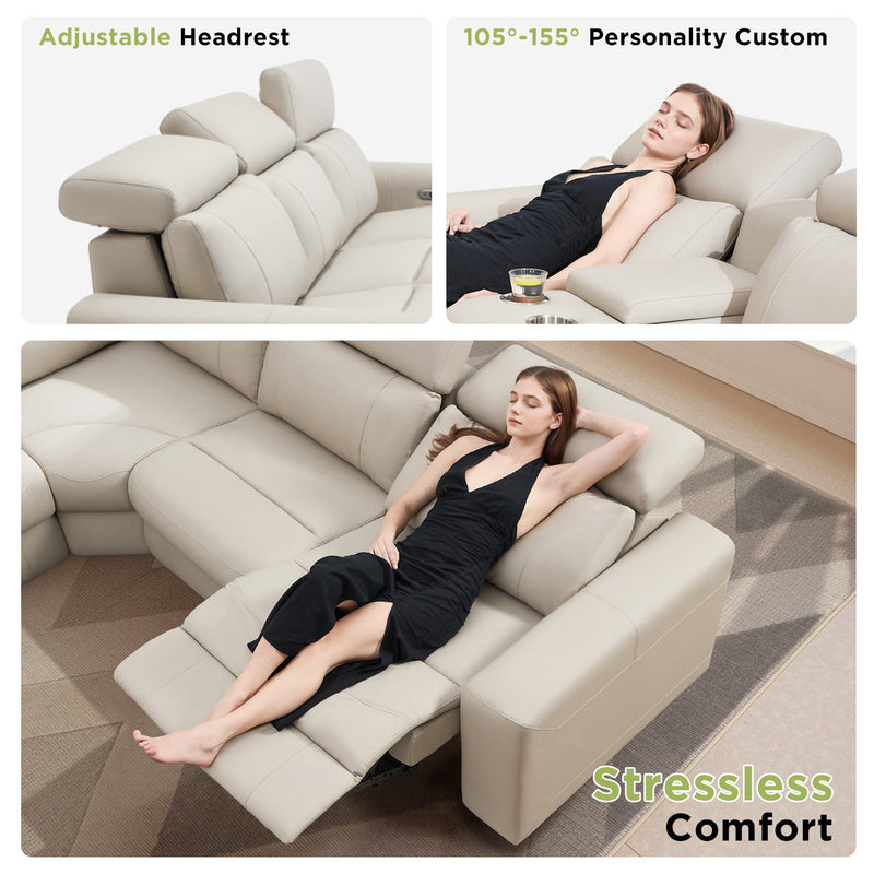 Oversized Power Reclining Leather Sectional Sofa With Console And Dual Recliners For Living Room Beige