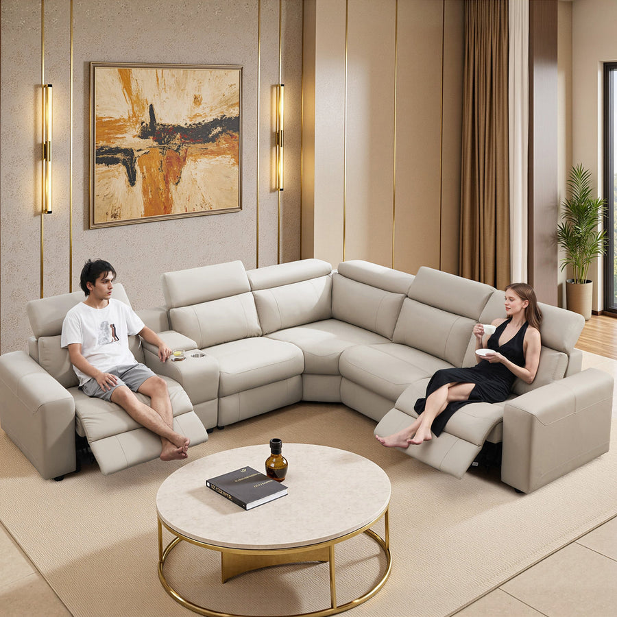 Oversized Power Reclining Leather Sectional Sofa With Console And Dual Recliners For Living Room Beige