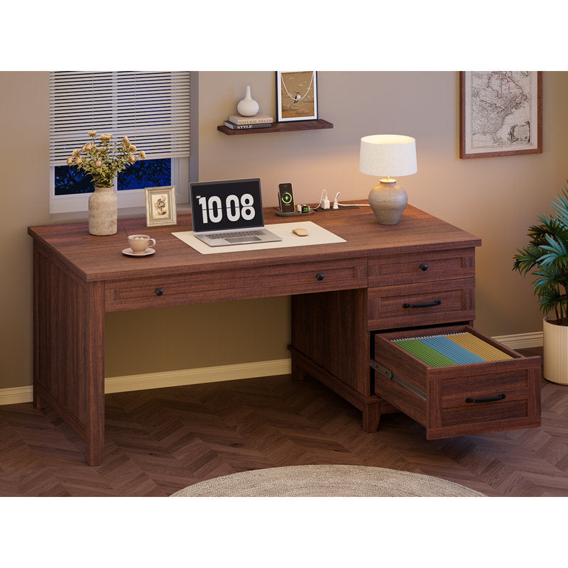 53.5 Inch Farmhouse Style Computer Work Desk, Engineered Wood Home Office Executive Station with Built‑in Charging Hub, File Cabinet & Storage Drawers for Writing and Study