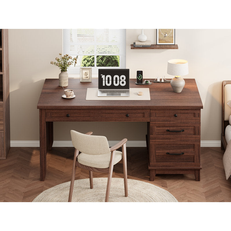 53.5 Inch Farmhouse Style Computer Work Desk, Engineered Wood Home Office Executive Station with Built‑in Charging Hub, File Cabinet & Storage Drawers for Writing and Study