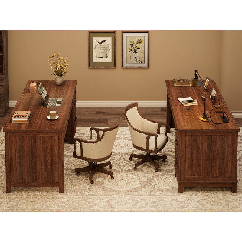 53.5 Inch Farmhouse Style Computer Work Desk, Engineered Wood Home Office Executive Station with Built‑in Charging Hub, File Cabinet & Storage Drawers for Writing and Study