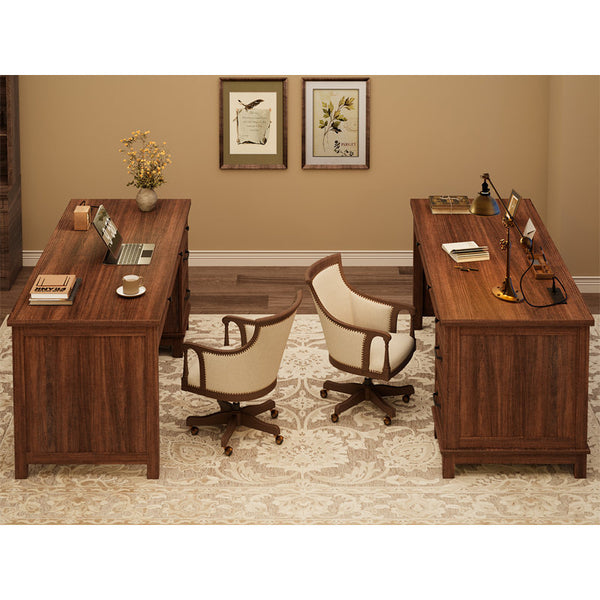 53.5 Inch Farmhouse Style Computer Work Desk, Engineered Wood Home Office Executive Station with Built‑in Charging Hub, File Cabinet & Storage Drawers for Writing and Study