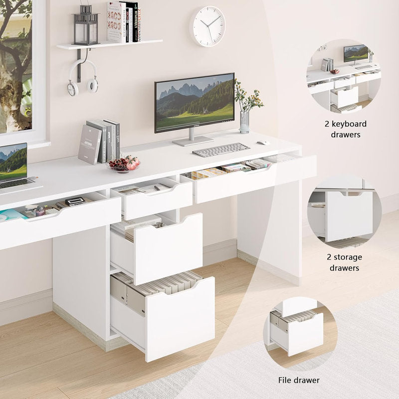 78 Inch Double Desk for Two People with 5 Drawers, Extra Long Computer Desk Writing Workstation (Incl. File Drawer) for Home Office