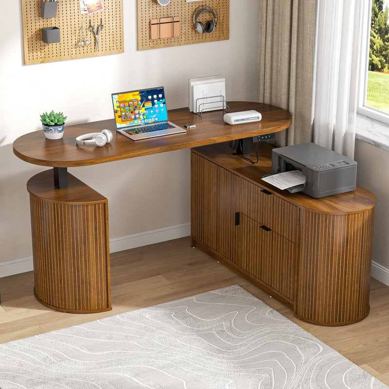 59 Inch Electric L Shaped Standing Desk, Height Adjustable Sit to Stand Up Corner Desk, Ergonomic Home Office Computer Desk with Memory Presets and Hooks for Workstations, Rustic Brown