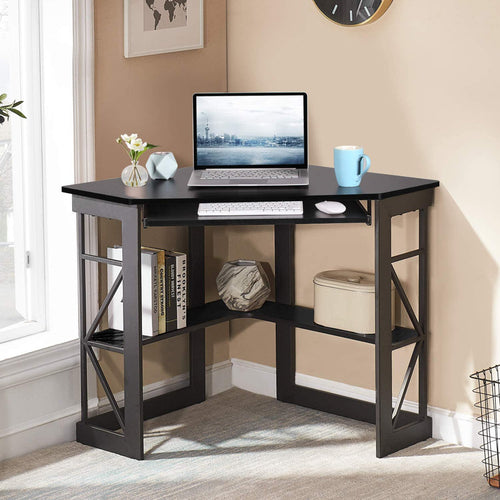 Lambrecht Corner Desk with Storage Shelves, Triangle Computer Desk with Keyboard Tray & Bookshelves for Small Space, 90 Degrees Space Saving Writing Desk Laptop PC Table for Home Office, Living Room, Bedroom